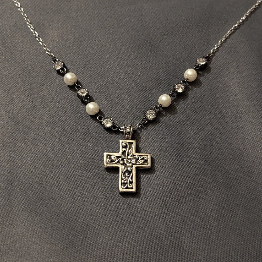 Hand Made Silver Cross Necklace On Stainless Steel Chain, 23 Inch Necklace